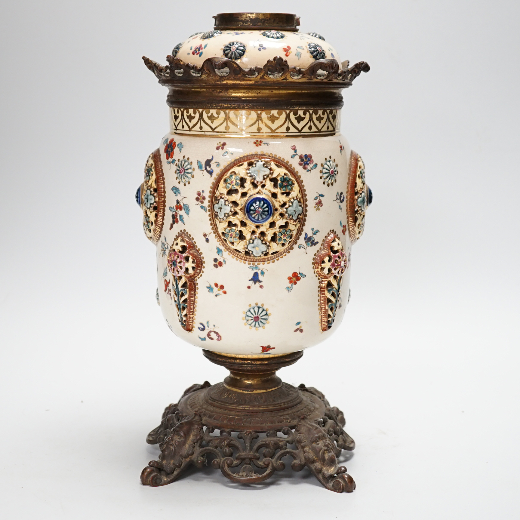 A Zsolnay pottery and gilt metal oil lamp base, 35cm